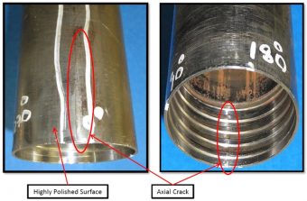 Heat check crack and polished wear area and internal view from 180deg